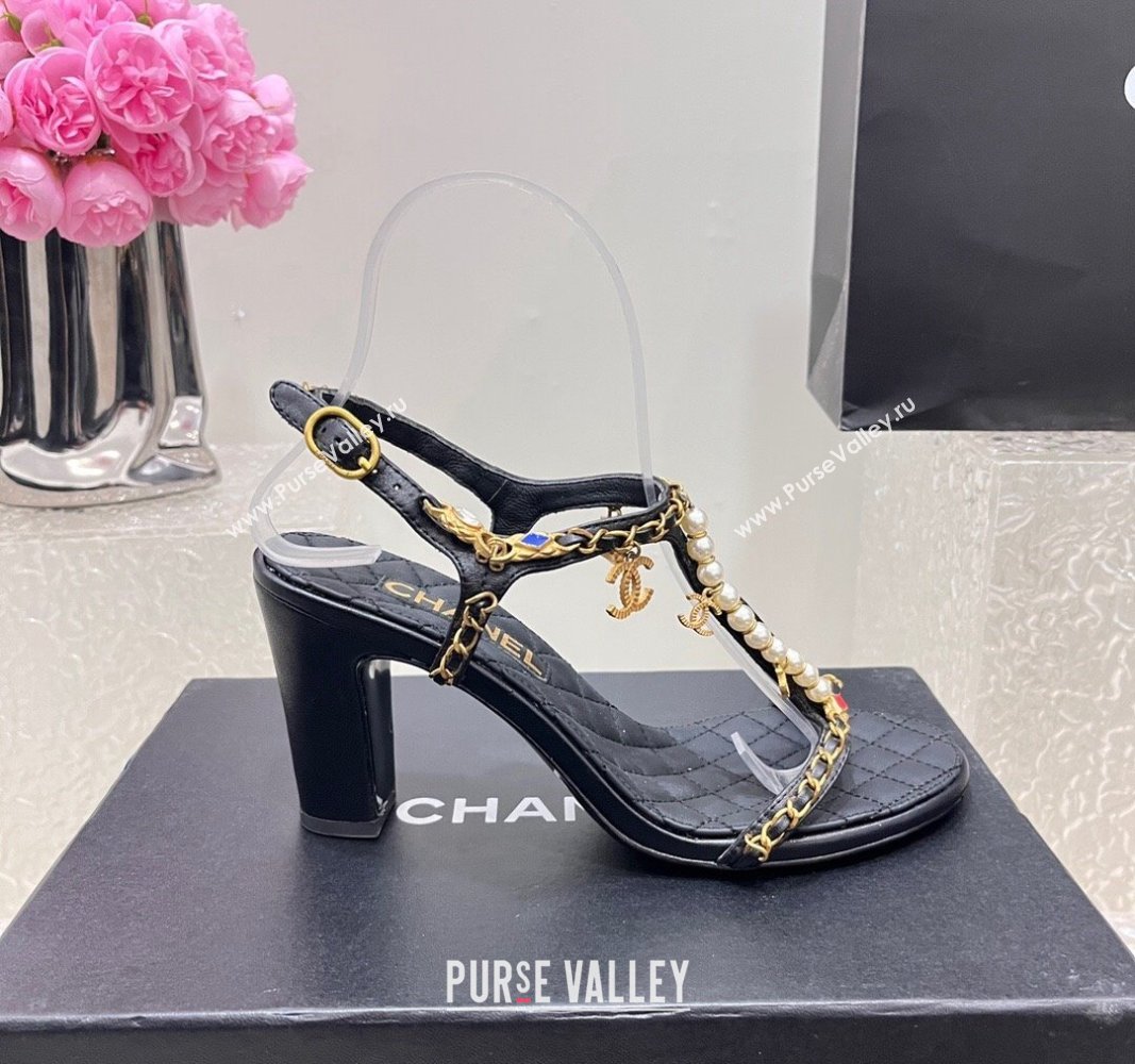 Chanel Lambskin Heel Sandals 8cm with Pearls and Chain Black 2024 0325 (SS-240325077)