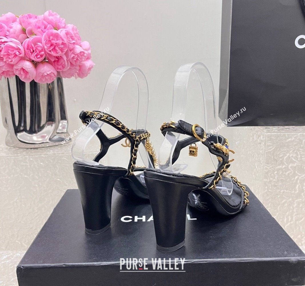 Chanel Lambskin Heel Sandals 8cm with Pearls and Chain Black 2024 0325 (SS-240325077)