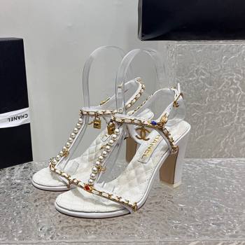 Chanel Lambskin Heel Sandals 8cm with Pearls and Chain White 2024 0325 (SS-240325078)