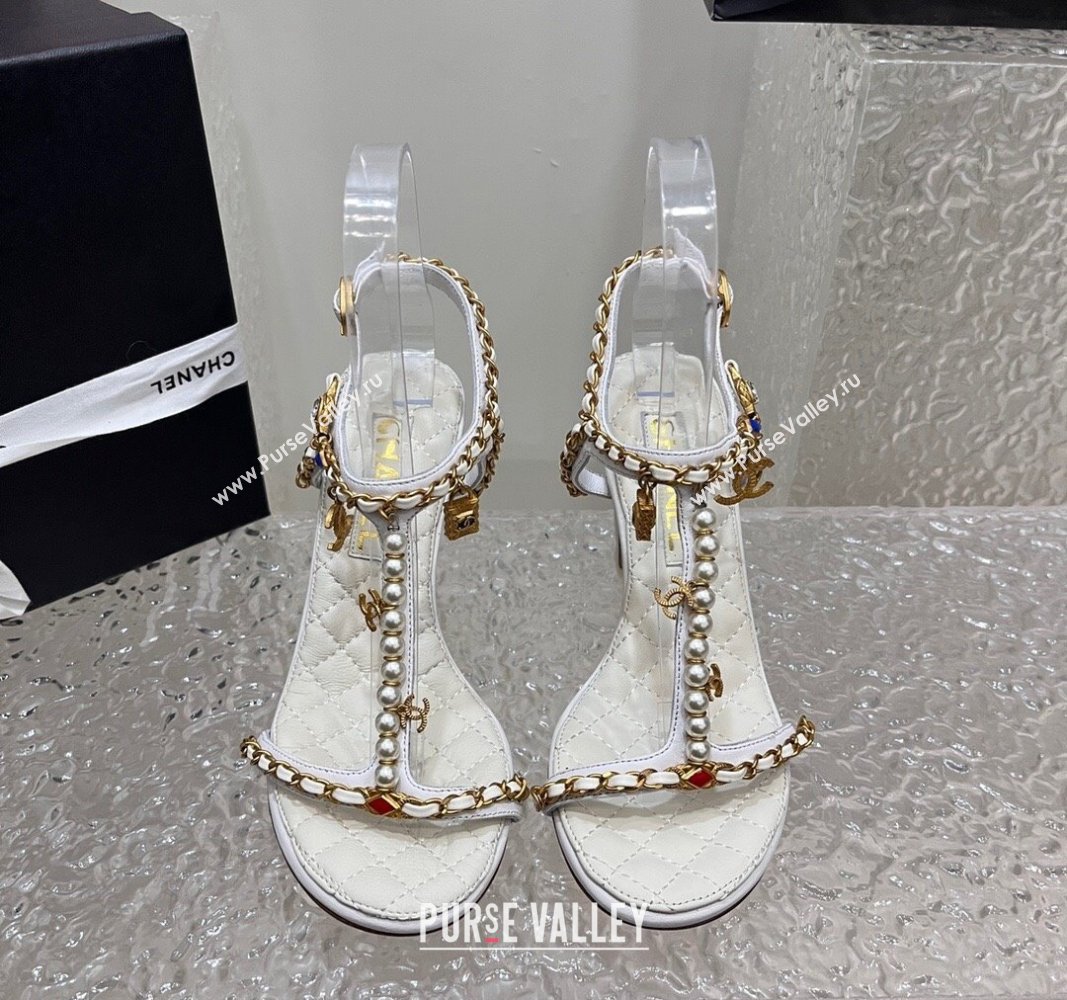 Chanel Lambskin Heel Sandals 8cm with Pearls and Chain White 2024 0325 (SS-240325078)