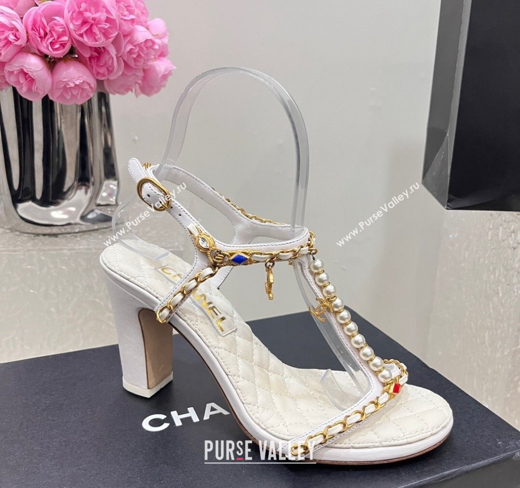 Chanel Lambskin Heel Sandals 8cm with Pearls and Chain White 2024 0325 (SS-240325078)