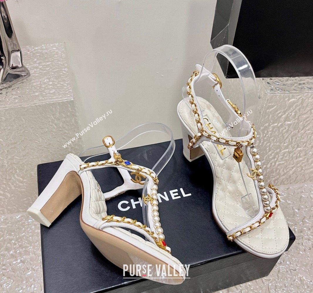 Chanel Lambskin Heel Sandals 8cm with Pearls and Chain White 2024 0325 (SS-240325078)