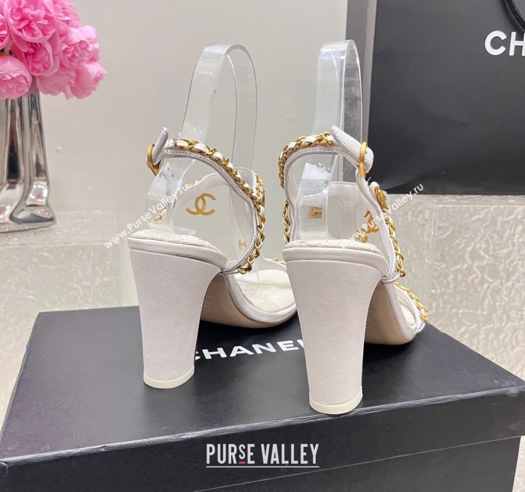 Chanel Lambskin Heel Sandals 8cm with Pearls and Chain White 2024 0325 (SS-240325078)