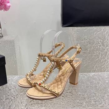 Chanel Lambskin Heel Sandals 8cm with Pearls and Chain Beige 2024 0325 (SS-240325079)