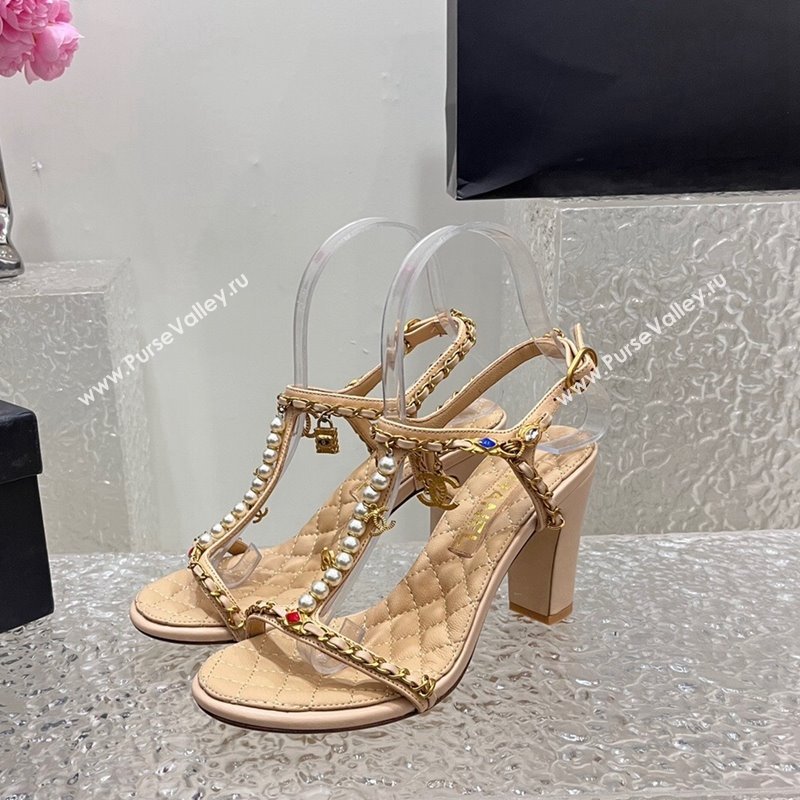 Chanel Lambskin Heel Sandals 8cm with Pearls and Chain Beige 2024 0325 (SS-240325079)