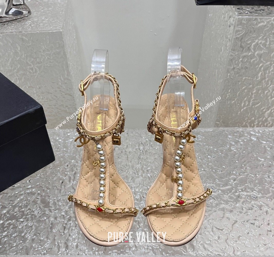 Chanel Lambskin Heel Sandals 8cm with Pearls and Chain Beige 2024 0325 (SS-240325079)