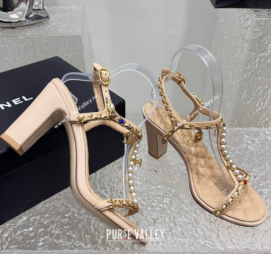 Chanel Lambskin Heel Sandals 8cm with Pearls and Chain Beige 2024 0325 (SS-240325079)