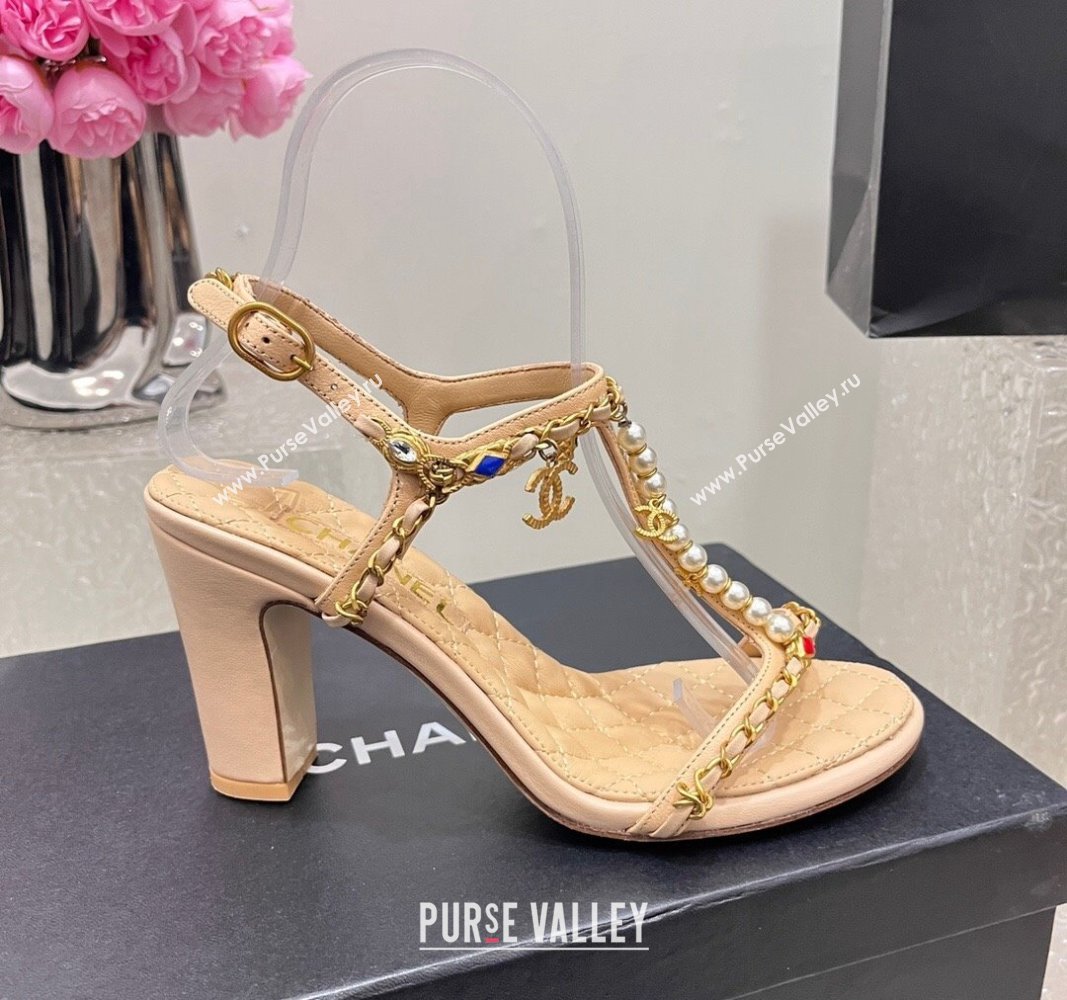 Chanel Lambskin Heel Sandals 8cm with Pearls and Chain Beige 2024 0325 (SS-240325079)