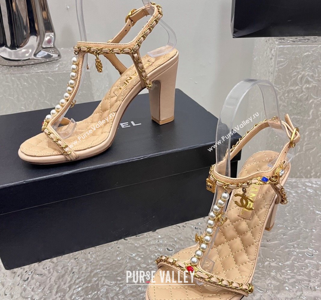 Chanel Lambskin Heel Sandals 8cm with Pearls and Chain Beige 2024 0325 (SS-240325079)