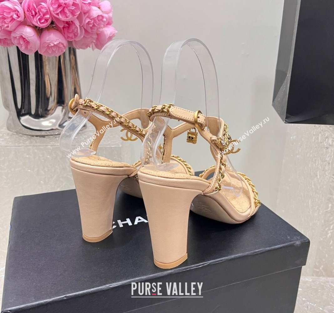 Chanel Lambskin Heel Sandals 8cm with Pearls and Chain Beige 2024 0325 (SS-240325079)