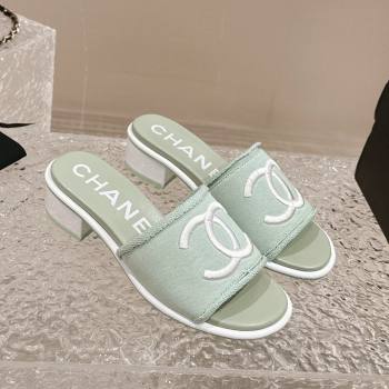 Chanel Knit Fabric Heel Slide Sandals with CC Green 2024 0322 (MD-240322153)