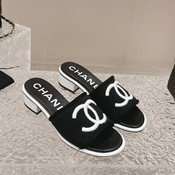 Chanel Knit Fabric Heel Slide Sandals with CC Black/White2 2024 0322 (MD-240322155)