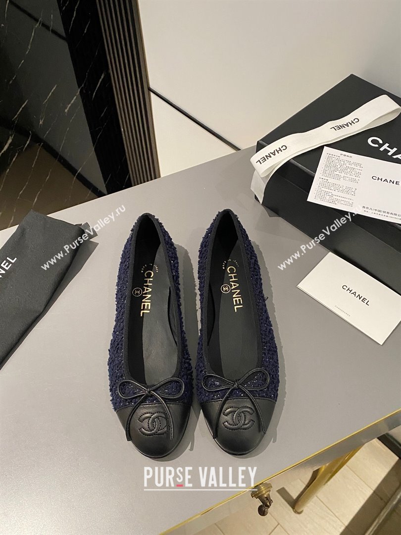 Chanel Tweed Calfskin Classic Ballet Flat Dark Blue/Black 2024 0322 (MD-240322056)