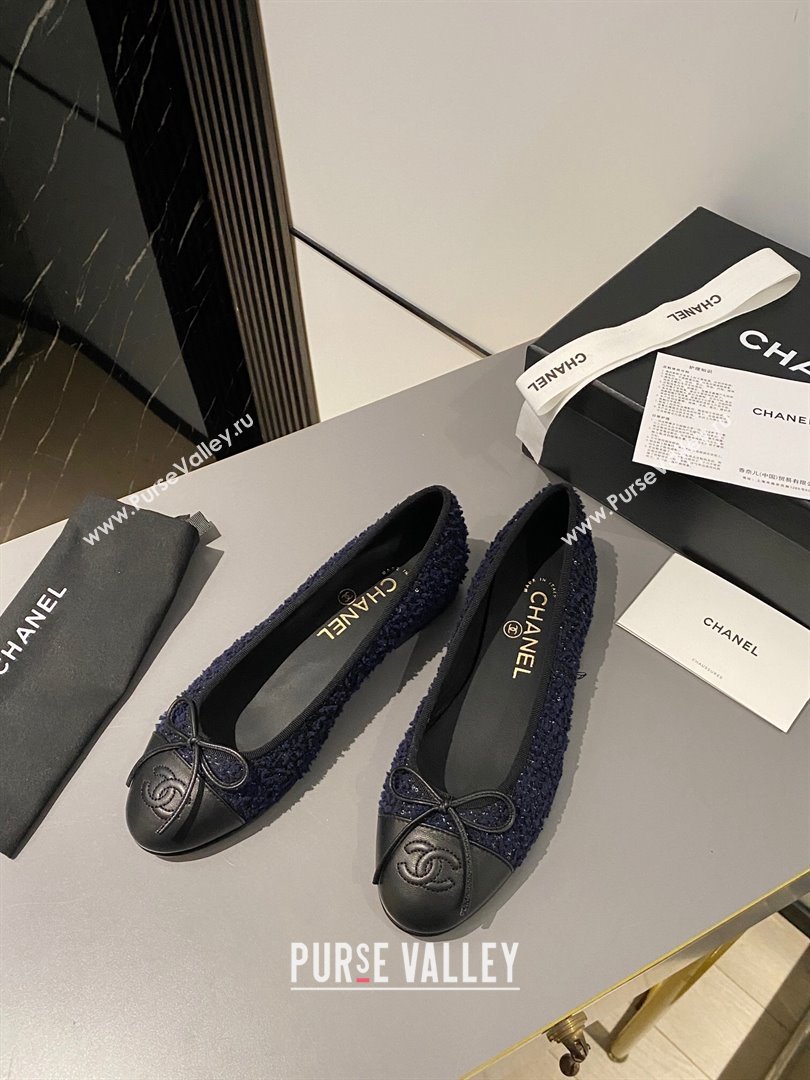 Chanel Tweed Calfskin Classic Ballet Flat Dark Blue/Black 2024 0322 (MD-240322056)