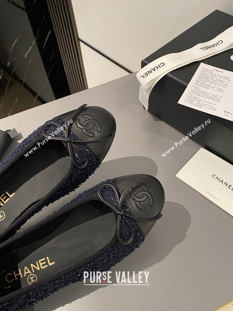 Chanel Tweed Calfskin Classic Ballet Flat Dark Blue/Black 2024 0322 (MD-240322056)