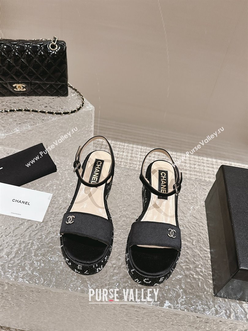 Chanel Satin Wedge Sandals with Paved Crystals Black 2024 0323 (MD-240323007)