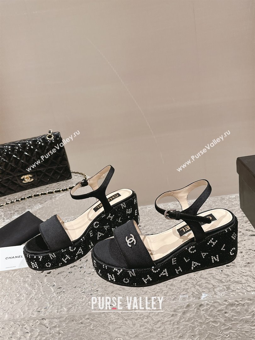 Chanel Satin Wedge Sandals with Paved Crystals Black 2024 0323 (MD-240323007)