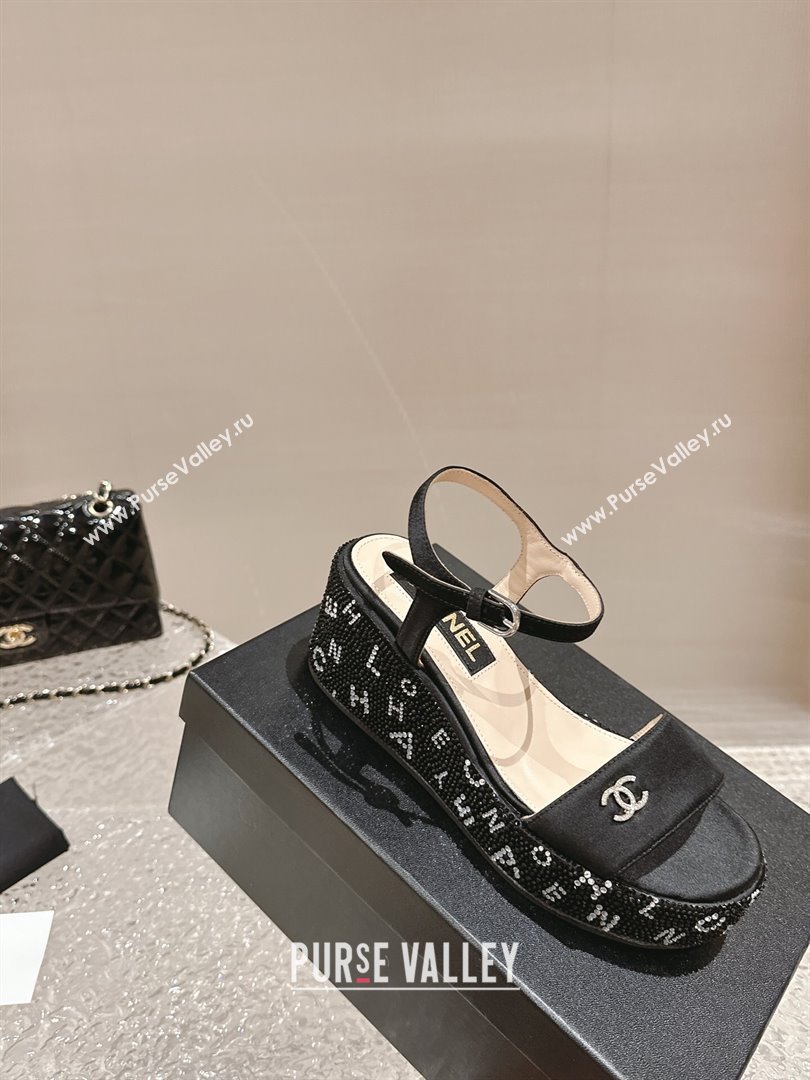 Chanel Satin Wedge Sandals with Paved Crystals Black 2024 0323 (MD-240323007)