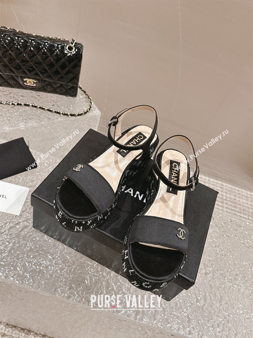 Chanel Satin Wedge Sandals with Paved Crystals Black 2024 0323 (MD-240323007)