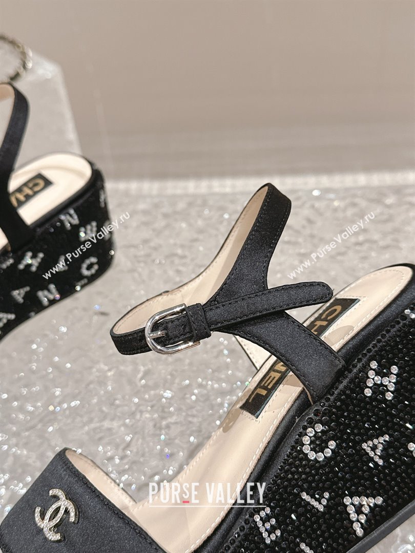 Chanel Satin Wedge Sandals with Paved Crystals Black 2024 0323 (MD-240323007)