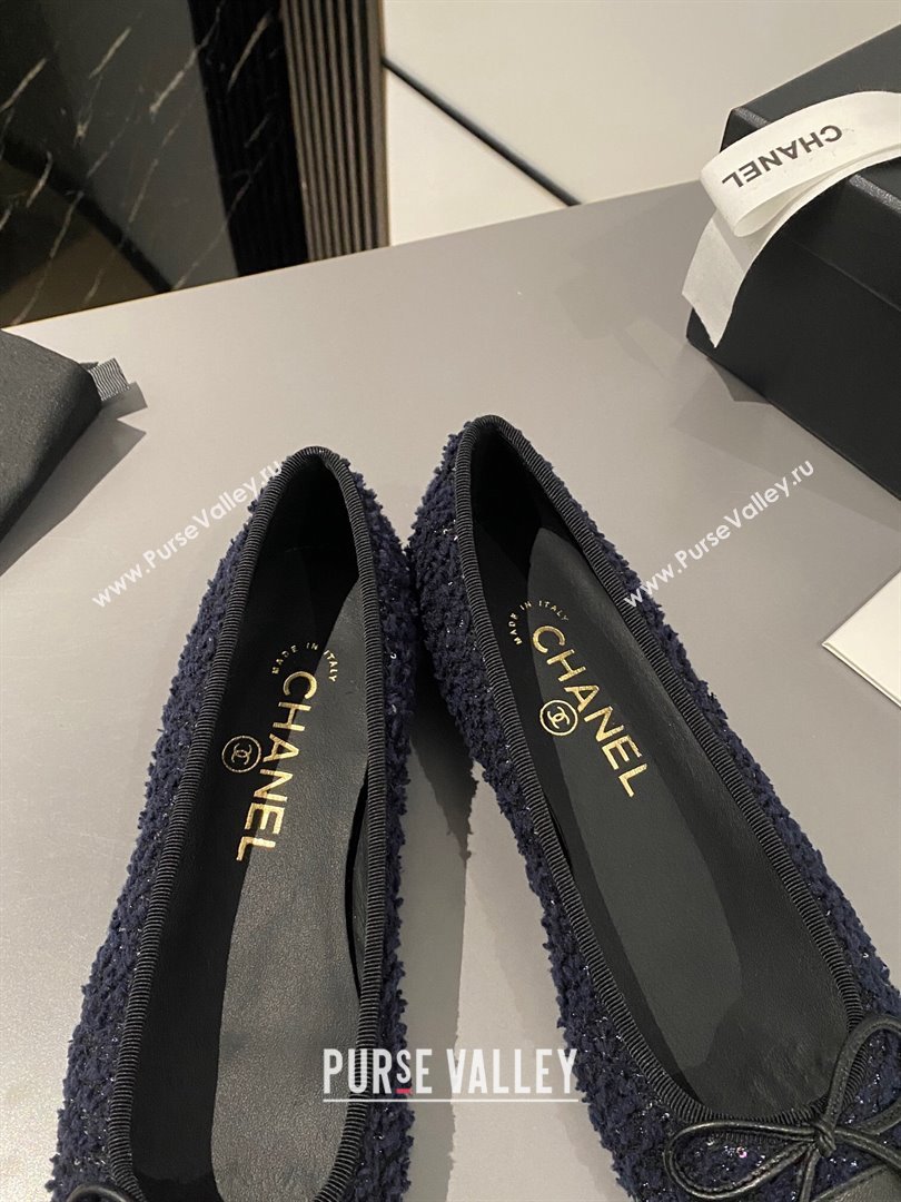 Chanel Tweed Calfskin Classic Ballet Flat Dark Blue/Black 2024 0322 (MD-240322056)