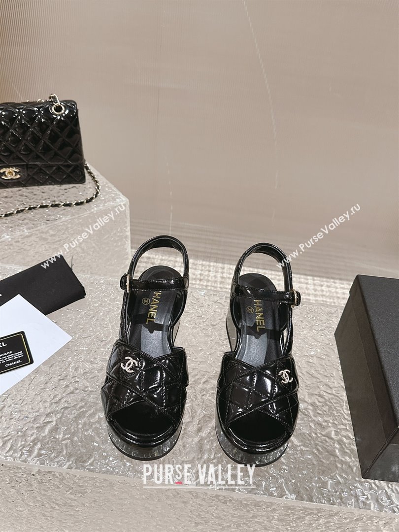 Chanel Shiny Calfskin Wedge Sandals with Crystal CC G39918 Black 2024 (MD-240323014)