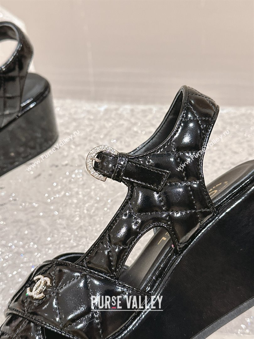 Chanel Shiny Calfskin Wedge Sandals with Crystal CC G39918 Black 2024 (MD-240323014)