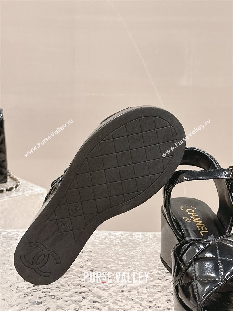 Chanel Shiny Calfskin Wedge Sandals with Crystal CC G39918 Black 2024 (MD-240323014)