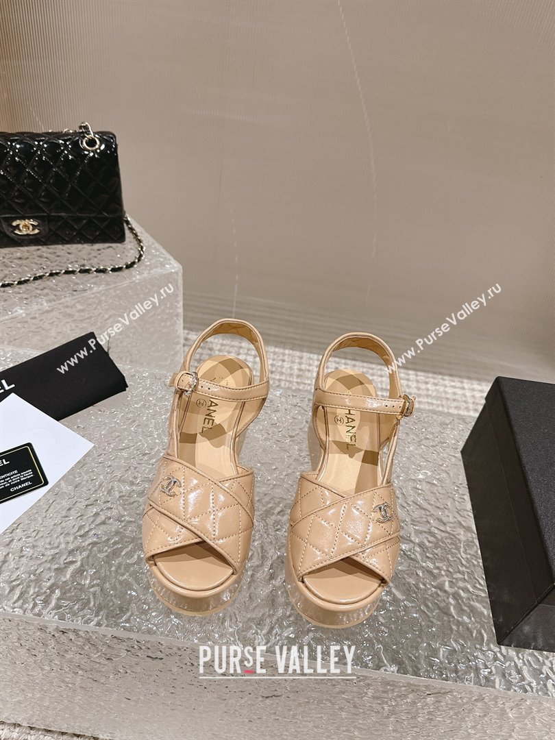 Chanel Shiny Calfskin Wedge Sandals with Crystal CC G39918 Beige 2024 (MD-240323017)