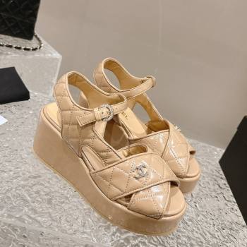 Chanel Shiny Calfskin Wedge Sandals with Crystal CC G39918 Beige 2024 (MD-240323017)