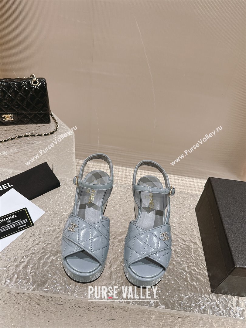 Chanel Shiny Calfskin Wedge Sandals with Crystal CC G39918 Grey 2024 (MD-240323019)