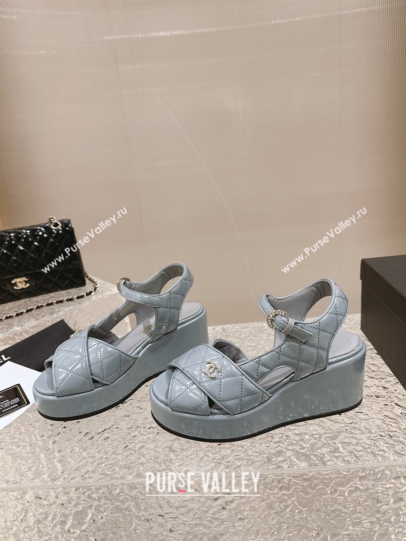 Chanel Shiny Calfskin Wedge Sandals with Crystal CC G39918 Grey 2024 (MD-240323019)