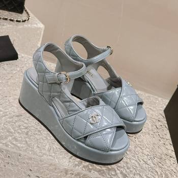 Chanel Shiny Calfskin Wedge Sandals with Crystal CC G39918 Grey 2024 (MD-240323019)