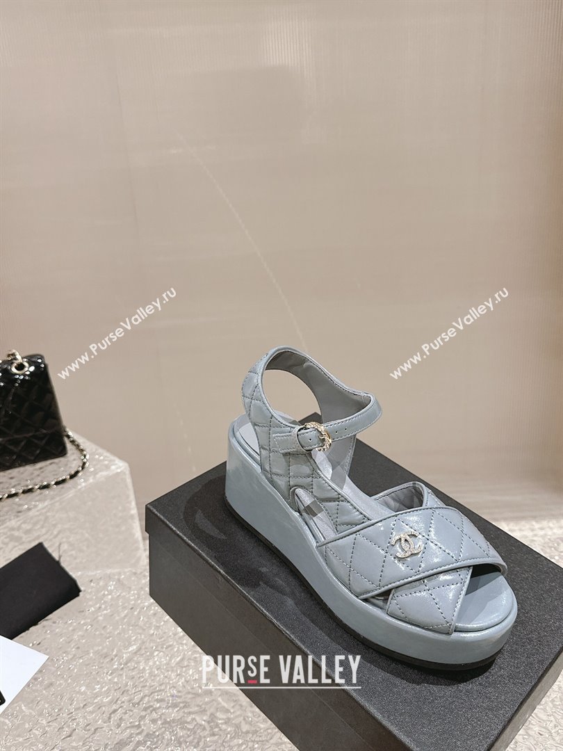 Chanel Shiny Calfskin Wedge Sandals with Crystal CC G39918 Grey 2024 (MD-240323019)