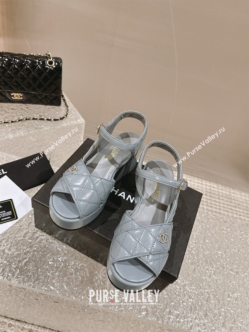 Chanel Shiny Calfskin Wedge Sandals with Crystal CC G39918 Grey 2024 (MD-240323019)