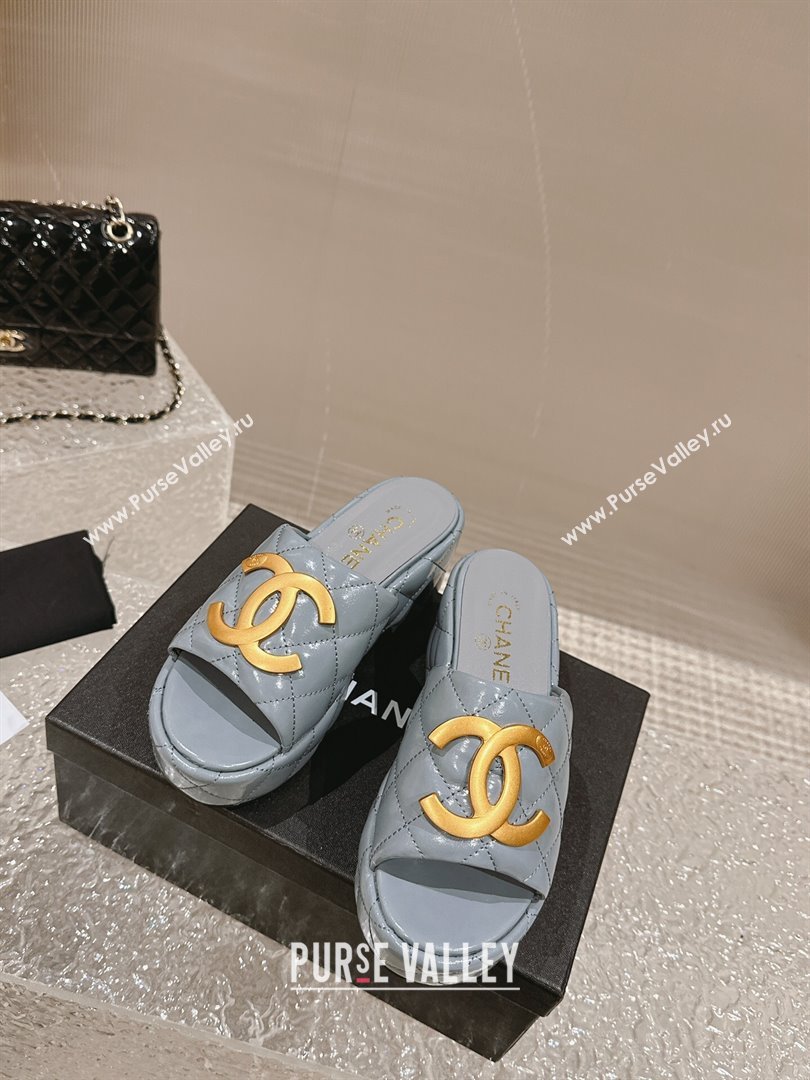 Chanel Shiny Calfskin Wedge Slide Sandals with Metal-Tone Maxi-CC Grey 2024 (MD-240323025)