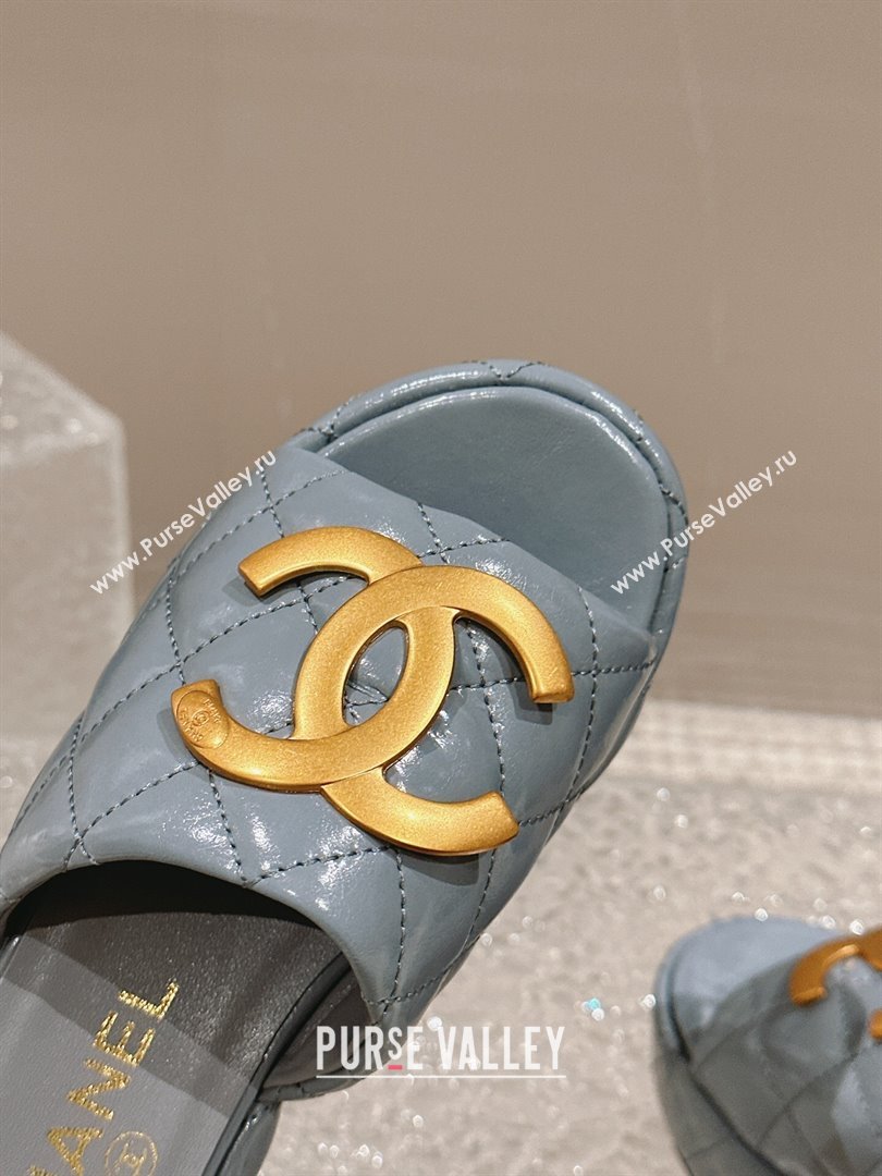 Chanel Shiny Calfskin Wedge Slide Sandals with Metal-Tone Maxi-CC Grey 2024 (MD-240323025)