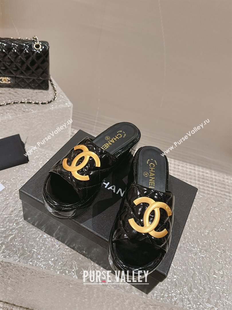 Chanel Shiny Calfskin Wedge Slide Sandals with Metal-Tone Maxi-CC Black 2024 (MD-240323026)