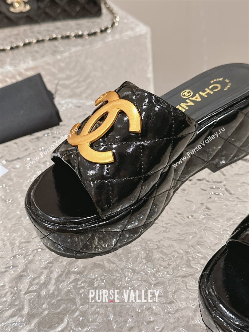 Chanel Shiny Calfskin Wedge Slide Sandals with Metal-Tone Maxi-CC Black 2024 (MD-240323026)