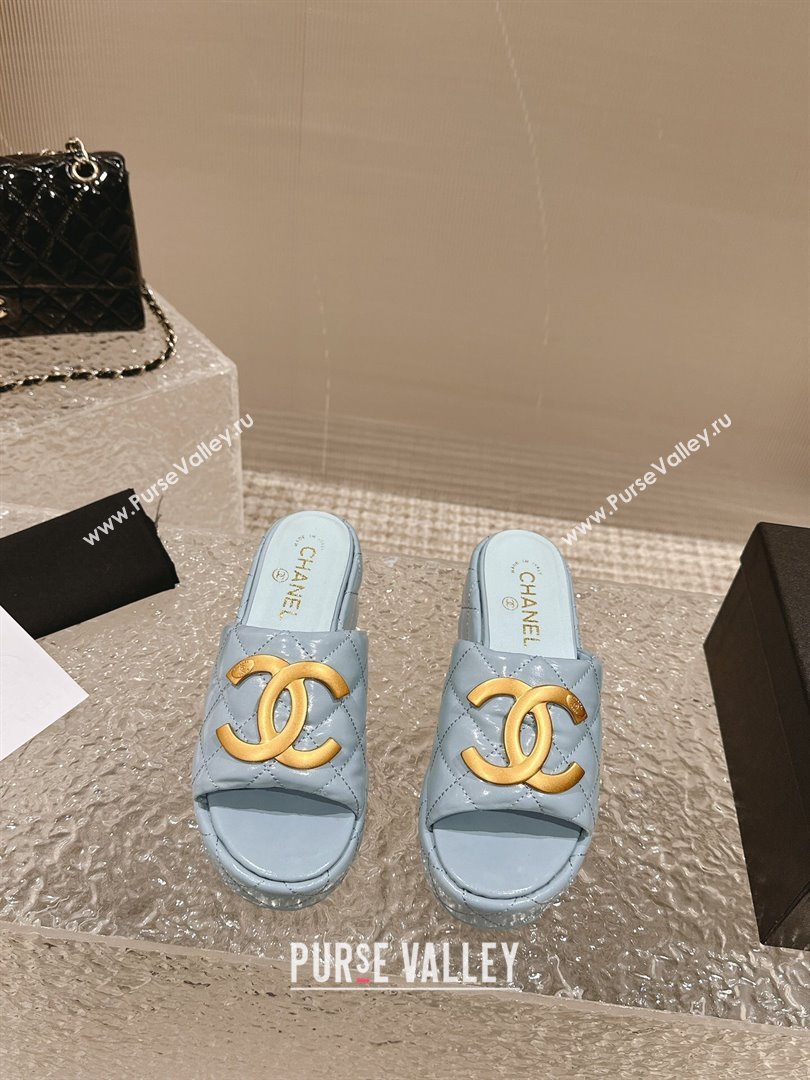 Chanel Shiny Calfskin Wedge Slide Sandals with Metal-Tone Maxi-CC Light Blue 2024 (MD-240323027)