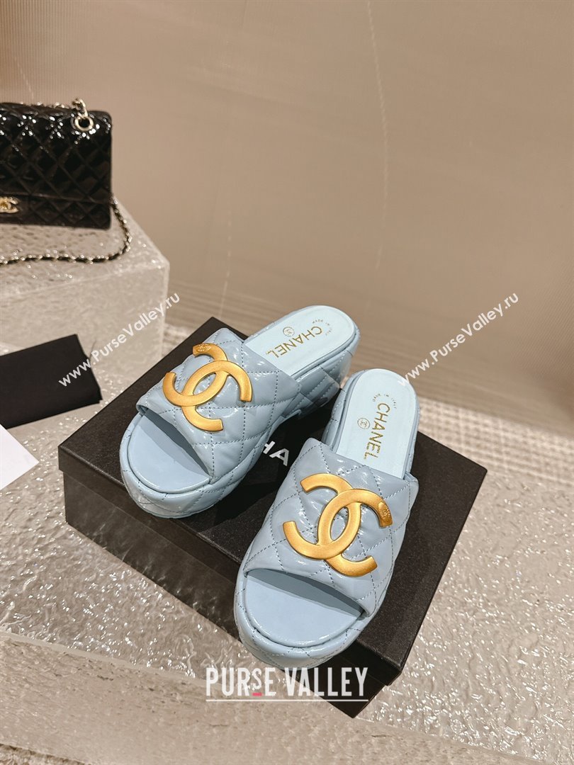 Chanel Shiny Calfskin Wedge Slide Sandals with Metal-Tone Maxi-CC Light Blue 2024 (MD-240323027)