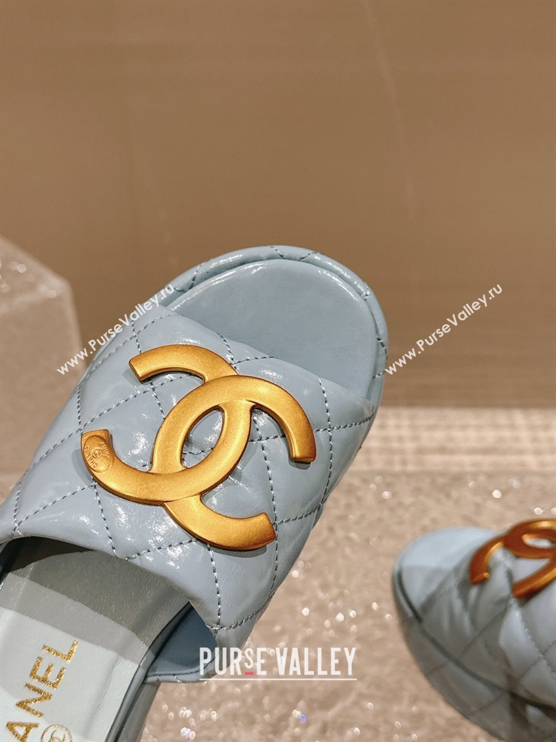 Chanel Shiny Calfskin Wedge Slide Sandals with Metal-Tone Maxi-CC Light Blue 2024 (MD-240323027)