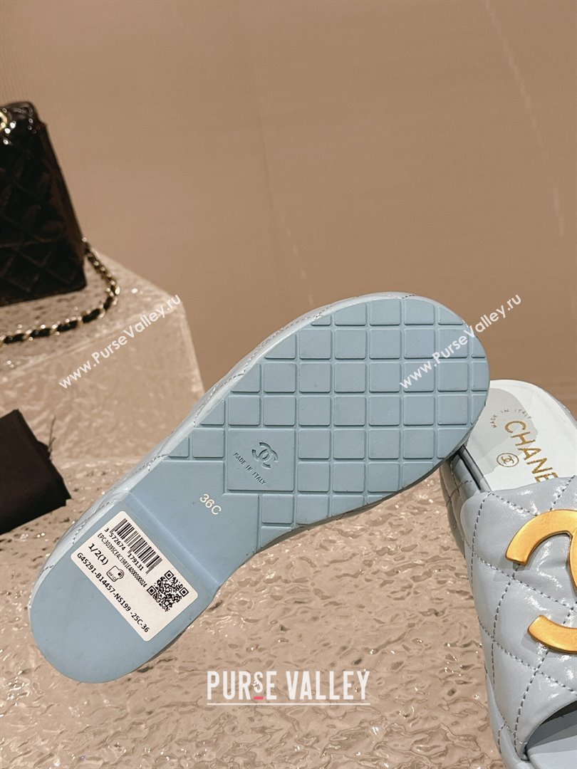 Chanel Shiny Calfskin Wedge Slide Sandals with Metal-Tone Maxi-CC Light Blue 2024 (MD-240323027)