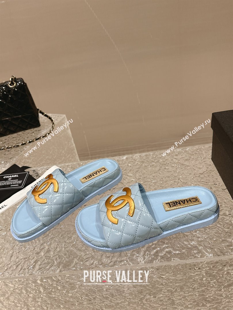 Chanel Patent Calfskin Slide Sandals with Metal-Tone Maxi-CC Light Blue 2024 (MD-240323028)