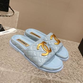 Chanel Patent Calfskin Slide Sandals with Metal-Tone Maxi-CC Light Blue 2024 (MD-240323028)