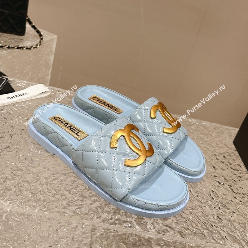 Chanel Patent Calfskin Slide Sandals with Metal-Tone Maxi-CC Light Blue 2024 (MD-240323028)