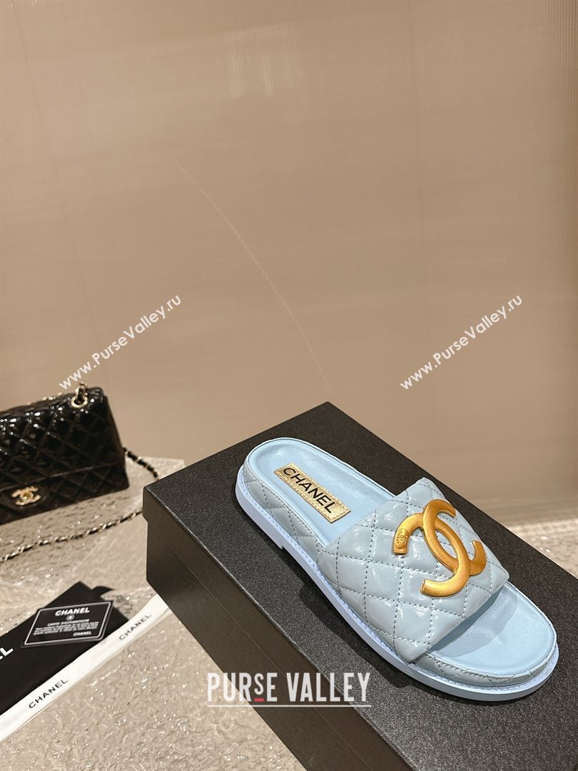 Chanel Patent Calfskin Slide Sandals with Metal-Tone Maxi-CC Light Blue 2024 (MD-240323028)