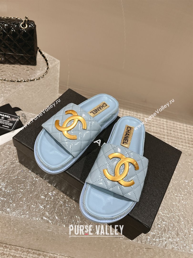 Chanel Patent Calfskin Slide Sandals with Metal-Tone Maxi-CC Light Blue 2024 (MD-240323028)