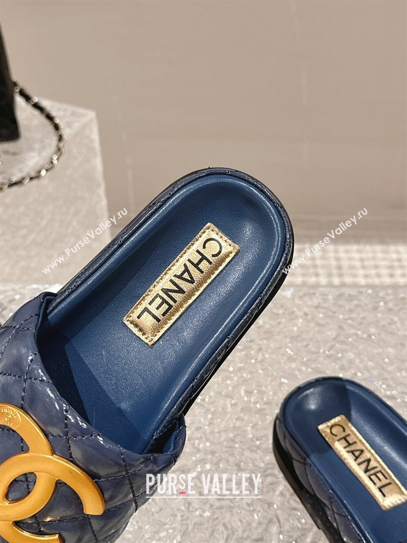 Chanel Patent Calfskin Slide Sandals with Metal-Tone Maxi-CC Dark Blue 2024 (MD-240323030)