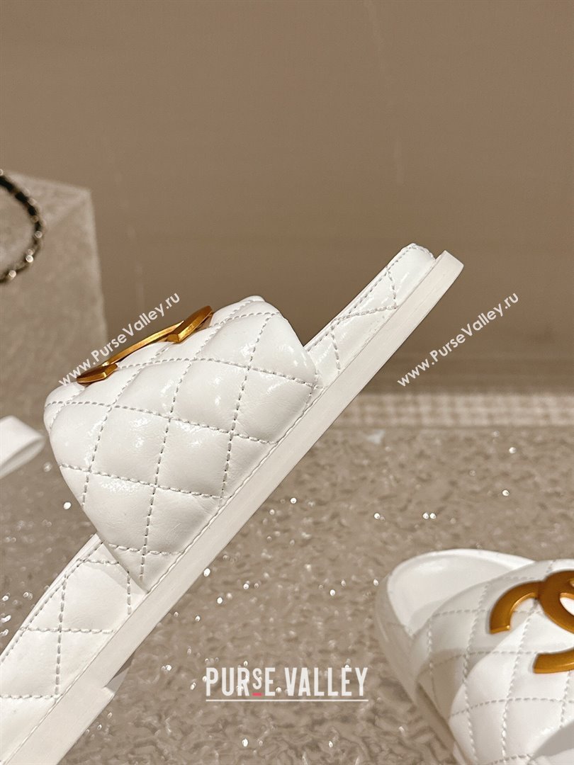 Chanel Patent Calfskin Slide Sandals with Metal-Tone Maxi-CC White 2024 (MD-240323033)